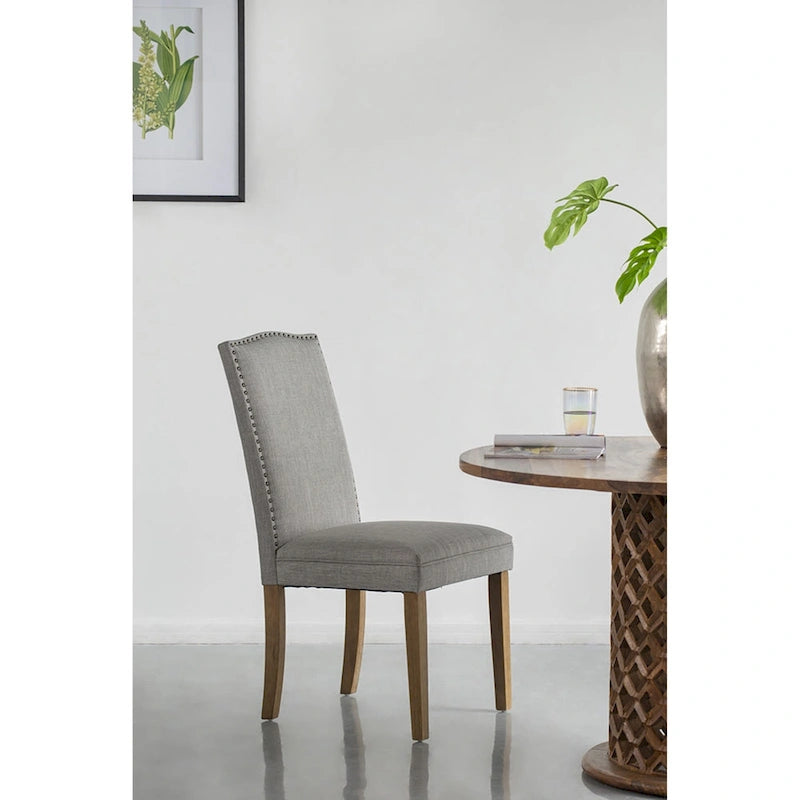 Sedie da pranzo senza braccioli con schienale ad arco grigie con borchie, set da 2