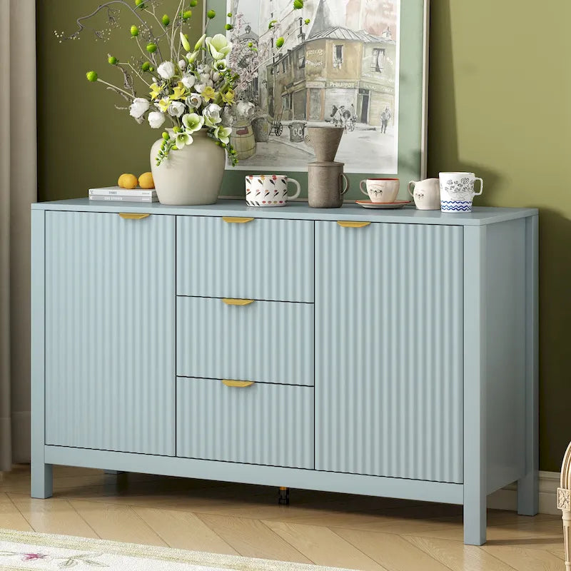 Credenza con motivo a onde ciano/nero/bianco | 3 cassetti e armadietto a 2 ante | Montaggio da 1 persona