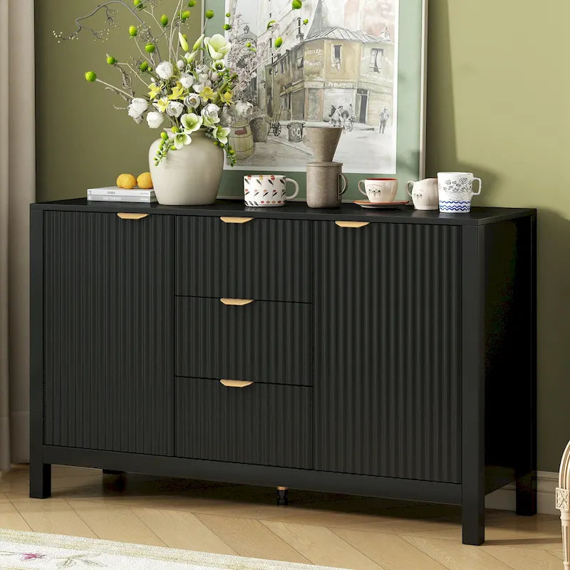 Credenza con motivo a onde ciano/nero/bianco | 3 cassetti e armadietto a 2 ante | Montaggio da 1 persona