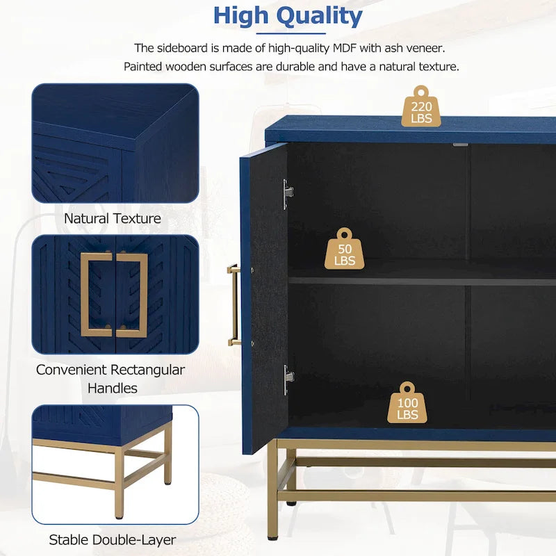Credenza retrò a 2 ante blu scuro / nera / color espresso con ripiani regolabili e gambe in metallo