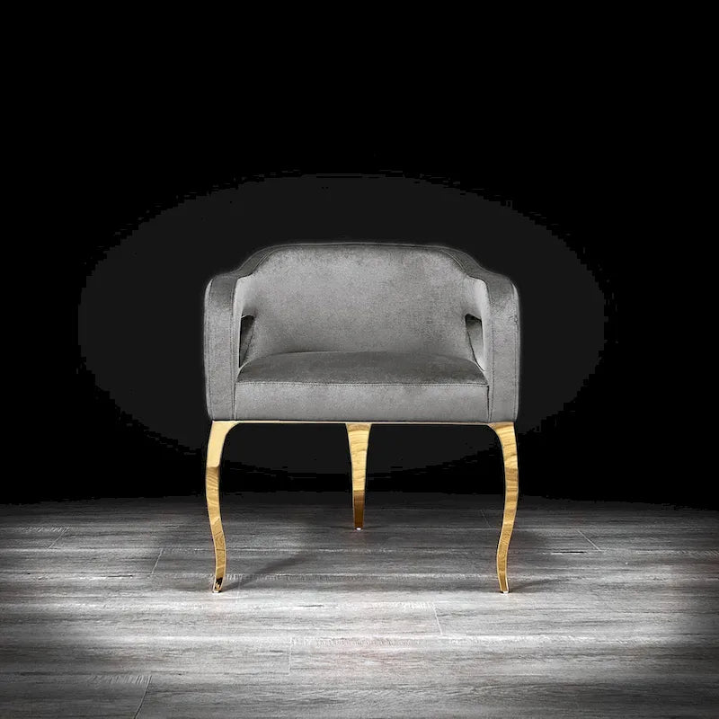 Sedia da pranzo in velluto con struttura in metallo dorato, bracciolo curvo, seduta singola – Blu / Nero / Grigio / Tortora