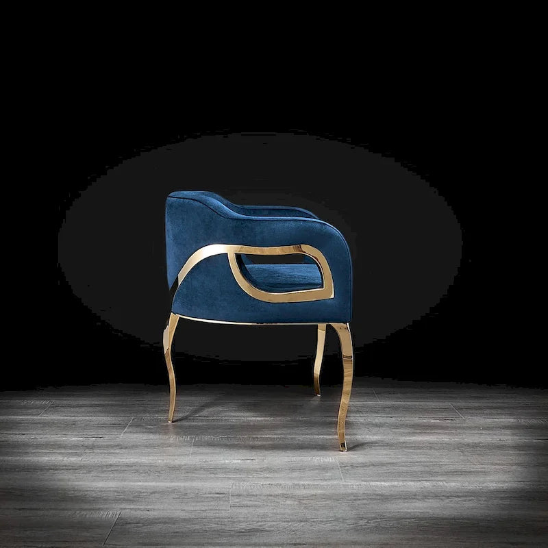 Sedia da pranzo in velluto con struttura in metallo dorato, bracciolo curvo, seduta singola – Blu / Nero / Grigio / Tortora