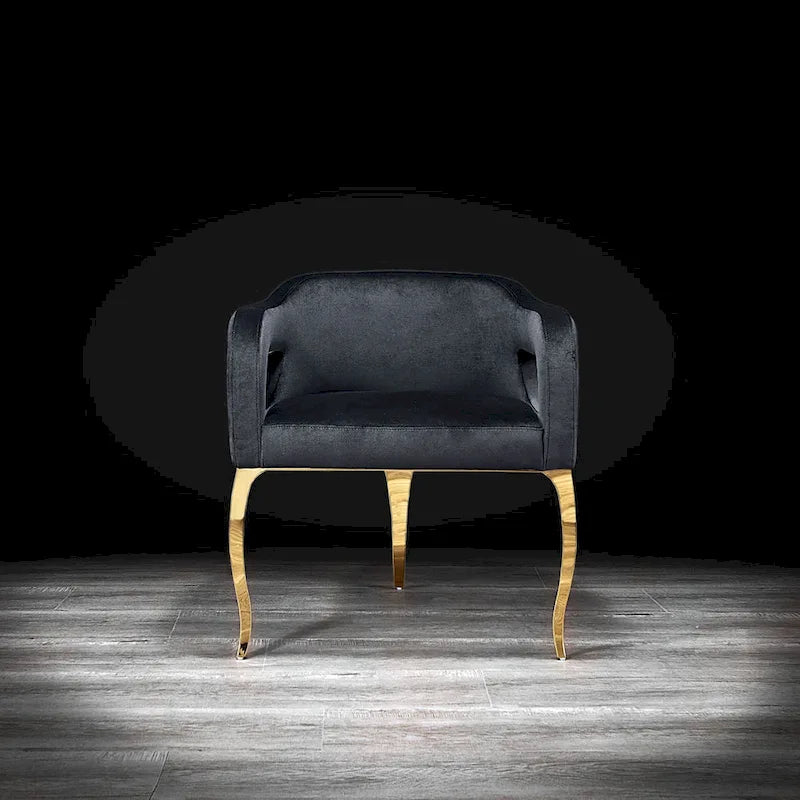 Sedia da pranzo in velluto con struttura in metallo dorato, bracciolo curvo, seduta singola – Blu / Nero / Grigio / Tortora