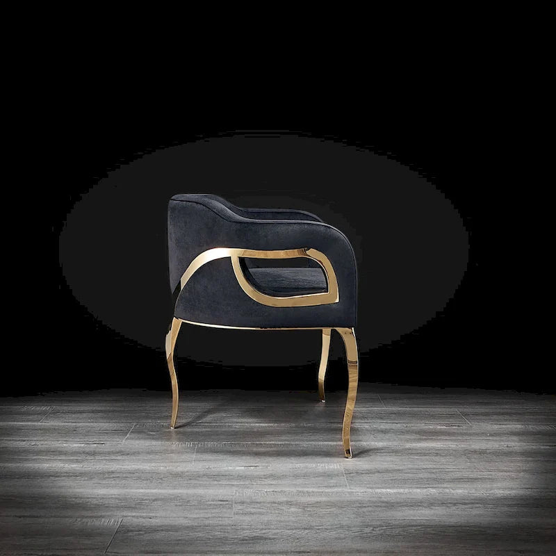 Sedia da pranzo in velluto con struttura in metallo dorato, bracciolo curvo, seduta singola – Blu / Nero / Grigio / Tortora