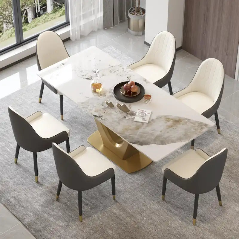 Tavolo da pranzo in pietra sinterizzata a V, nero/bianco sporco/bianco, 4-6 posti