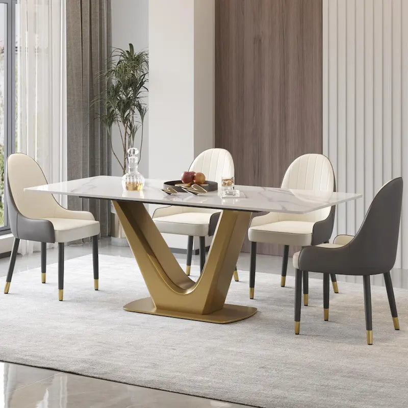 Tavolo da pranzo in pietra sinterizzata a V, nero/bianco sporco/bianco, 4-6 posti