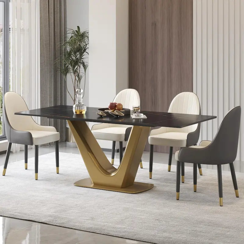 Tavolo da pranzo in pietra sinterizzata a V, nero/bianco sporco/bianco, 4-6 posti