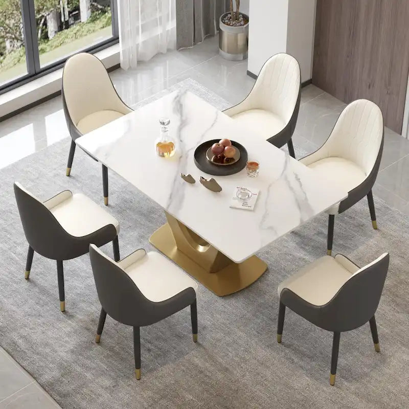 Tavolo da pranzo in pietra sinterizzata a V, nero/bianco sporco/bianco, 4-6 posti