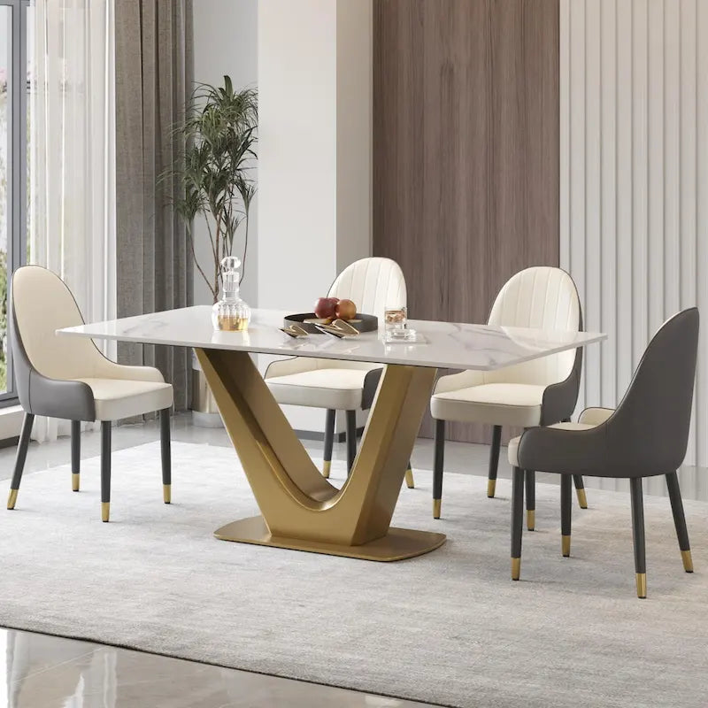 Tavolo da pranzo in pietra sinterizzata a V, nero/bianco sporco/bianco, 4-6 posti