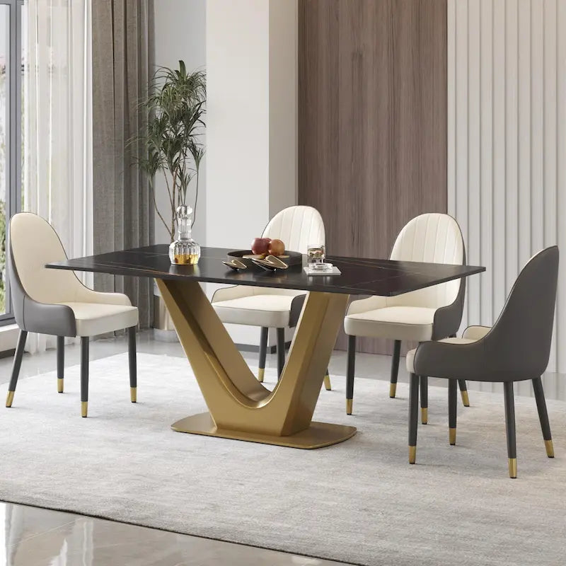 Tavolo da pranzo in pietra sinterizzata a V, nero/bianco sporco/bianco, 4-6 posti