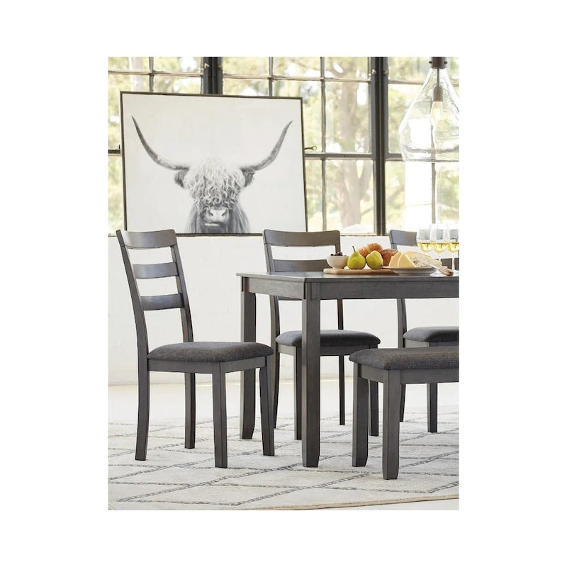 Set da pranzo rettangolare grigio antracite, stile schienale a pioli, 6 posti a sedere