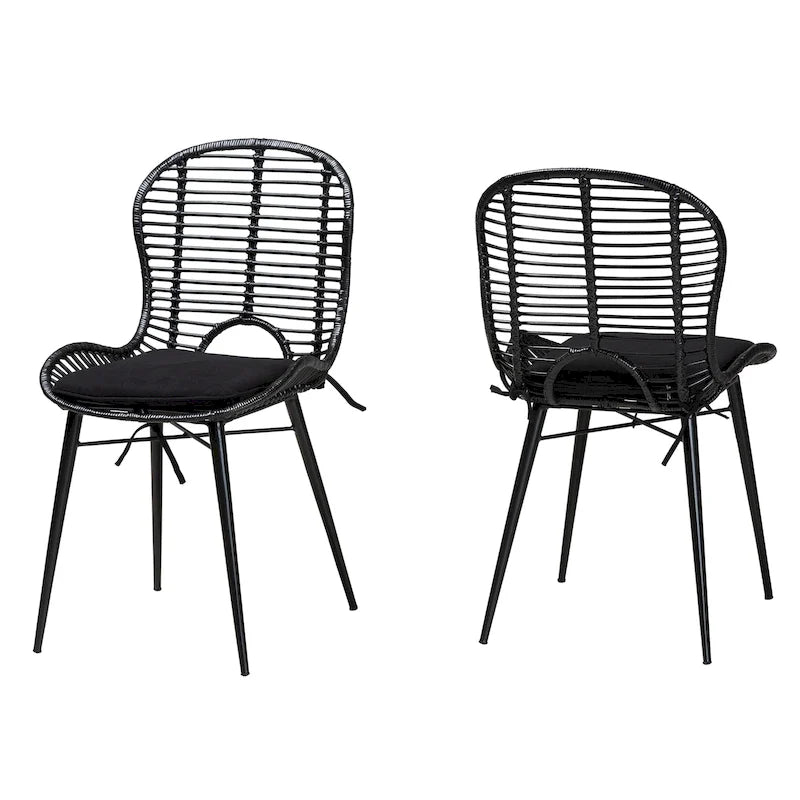 Set di 2 sedie da pranzo in rattan e metallo, stile bohémien, nero/grigio slavato