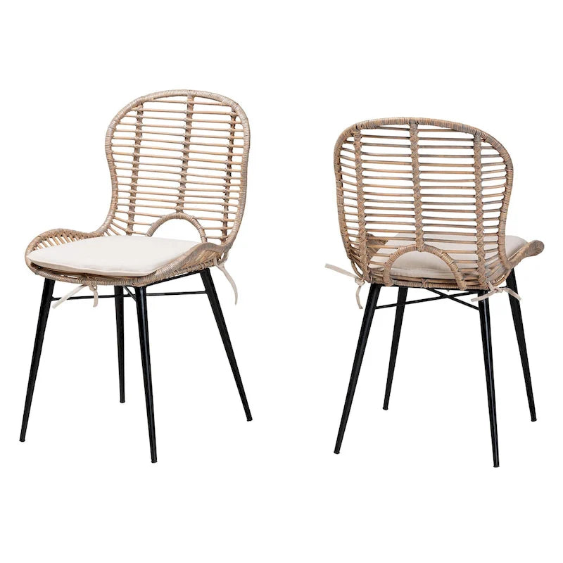 Set di 2 sedie da pranzo in rattan e metallo, stile bohémien, nero/grigio slavato