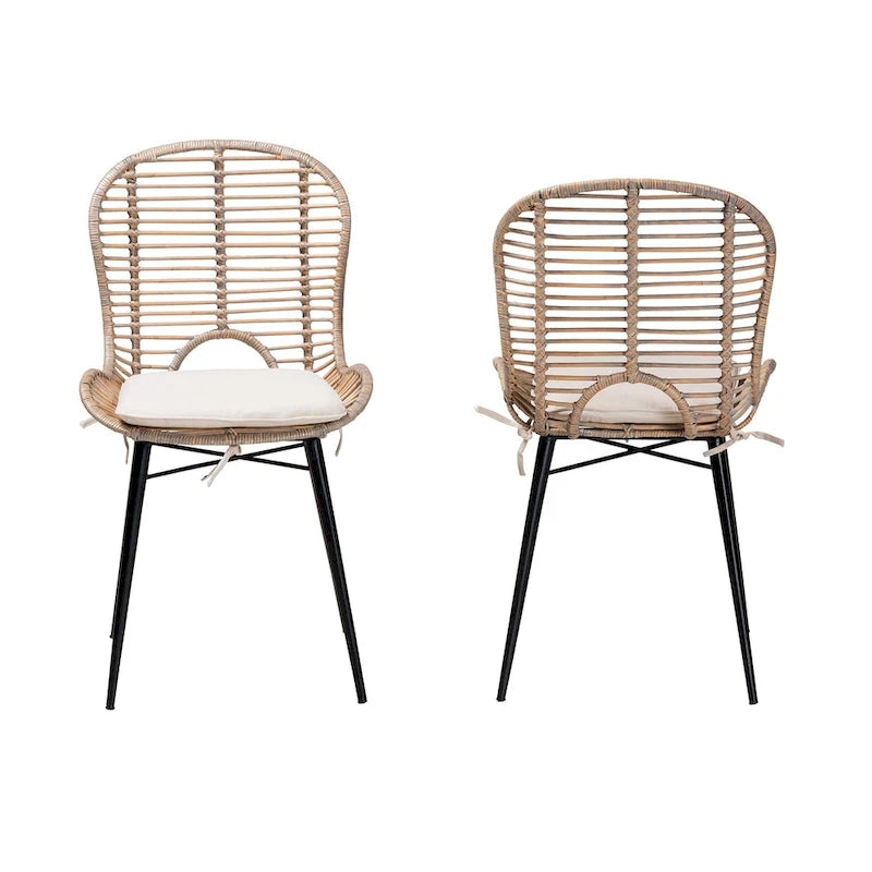 Set di 2 sedie da pranzo in rattan e metallo, stile bohémien, nero/grigio slavato