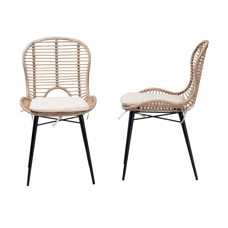 Set di 2 sedie da pranzo in rattan e metallo, stile bohémien, nero/grigio slavato
