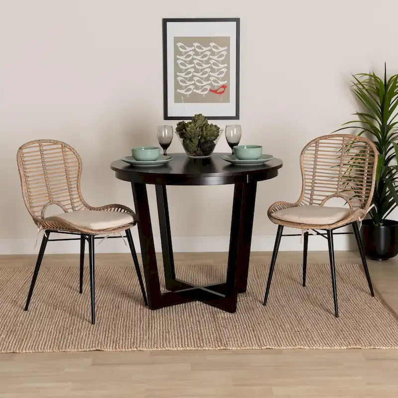Set di 2 sedie da pranzo in rattan e metallo, stile bohémien, nero/grigio slavato