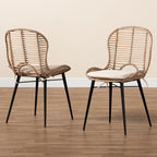 Set di 2 sedie da pranzo in rattan e metallo, stile bohémien, nero/grigio slavato
