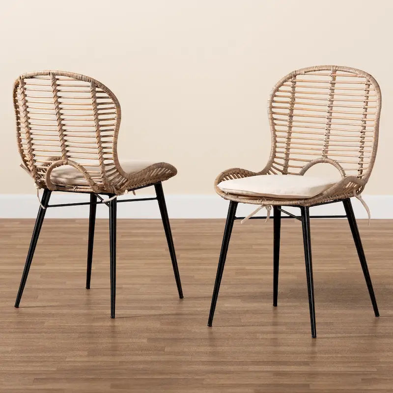 Set di 2 sedie da pranzo in rattan e metallo, stile bohémien, nero/grigio slavato