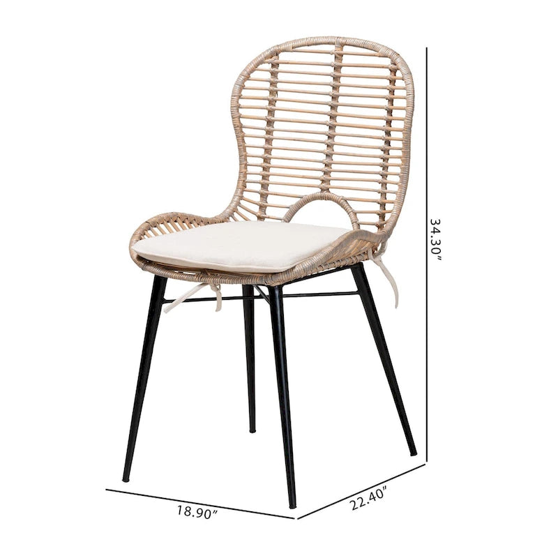 Set di 2 sedie da pranzo in rattan e metallo, stile bohémien, nero/grigio slavato