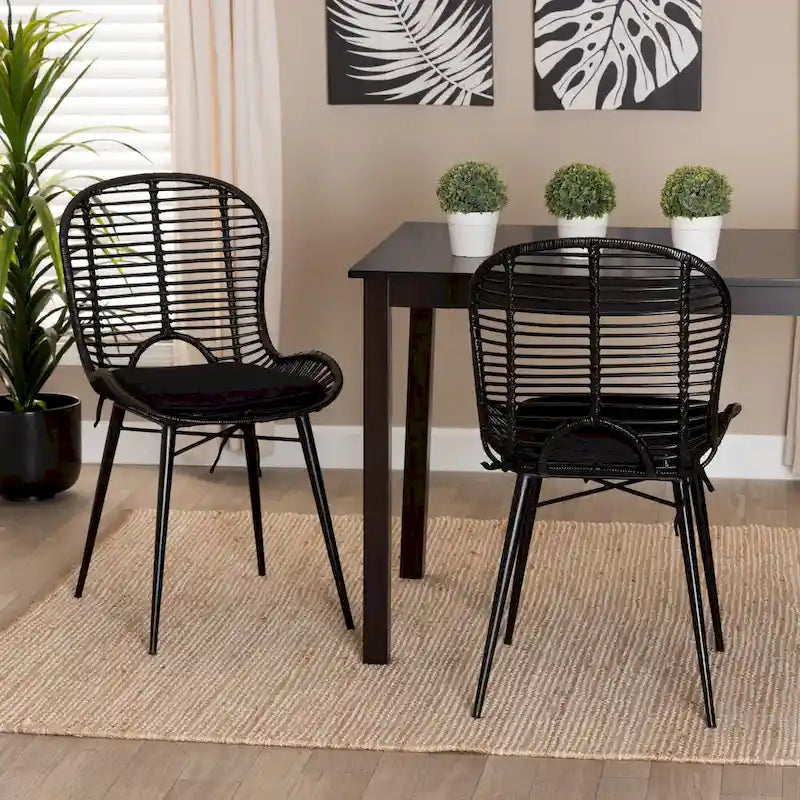 Set di 2 sedie da pranzo in rattan e metallo, stile bohémien, nero/grigio slavato