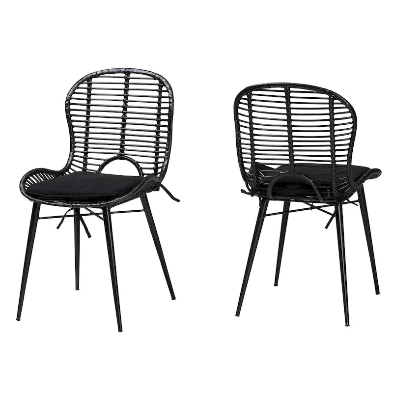 Set di 2 sedie da pranzo in rattan e metallo, stile bohémien, nero/grigio slavato