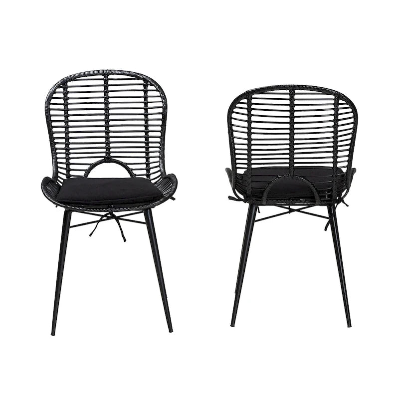 Set di 2 sedie da pranzo in rattan e metallo, stile bohémien, nero/grigio slavato