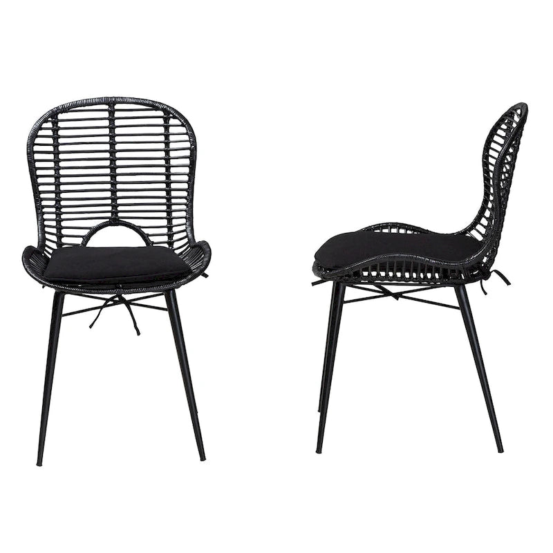 Set di 2 sedie da pranzo in rattan e metallo, stile bohémien, nero/grigio slavato