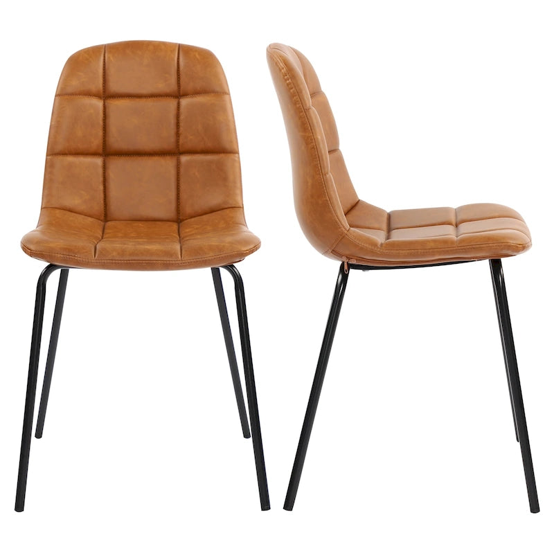 Sedia da pranzo in pelle PU con gambe in metallo nero, set da 2 – Marrone scuro / Grigio / Caramello