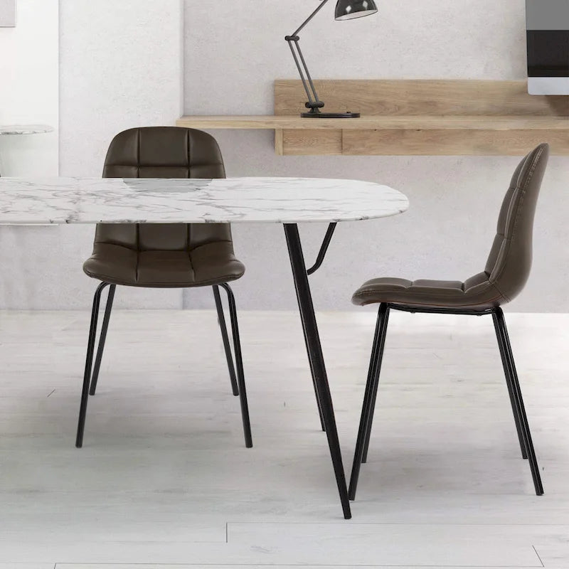 Sedia da pranzo in pelle PU con gambe in metallo nero, set da 2 – Marrone scuro / Grigio / Caramello