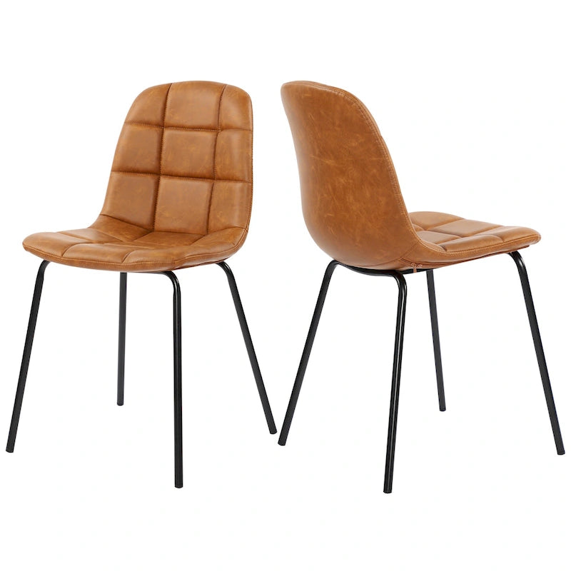 Sedia da pranzo in pelle PU con gambe in metallo nero, set da 2 – Marrone scuro / Grigio / Caramello