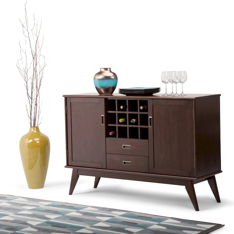 Madia/credenza moderna di metà secolo color marrone castano medio/marrone teak con portabottiglie, a 2 ante