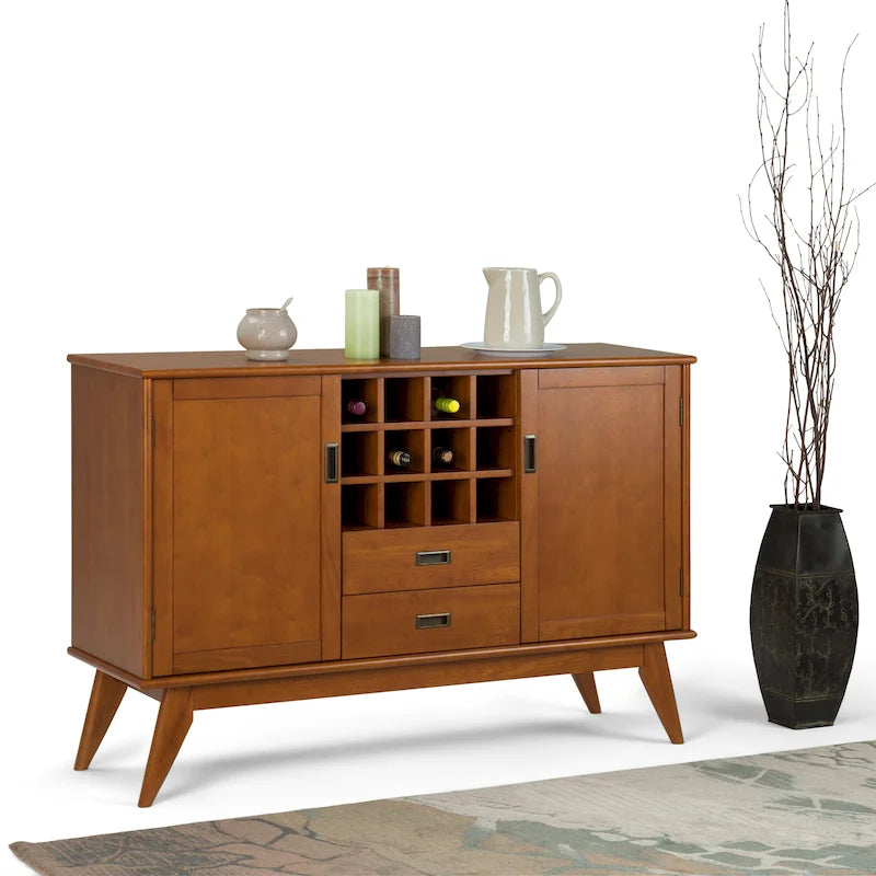 Madia/credenza moderna di metà secolo color marrone castano medio/marrone teak con portabottiglie, a 2 ante