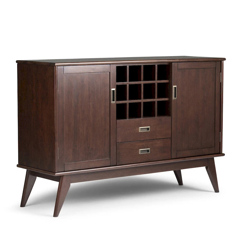 Madia/credenza moderna di metà secolo color marrone castano medio/marrone teak con portabottiglie, a 2 ante