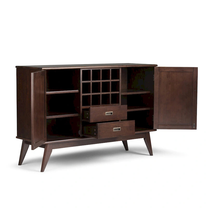 Madia/credenza moderna di metà secolo color marrone castano medio/marrone teak con portabottiglie, a 2 ante