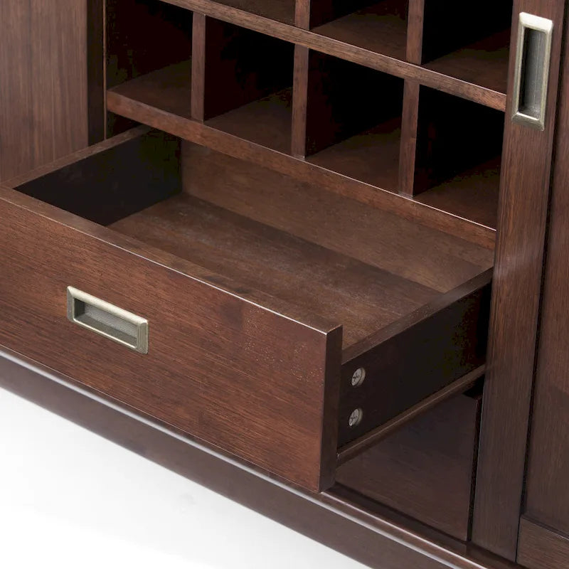 Madia/credenza moderna di metà secolo color marrone castano medio/marrone teak con portabottiglie, a 2 ante