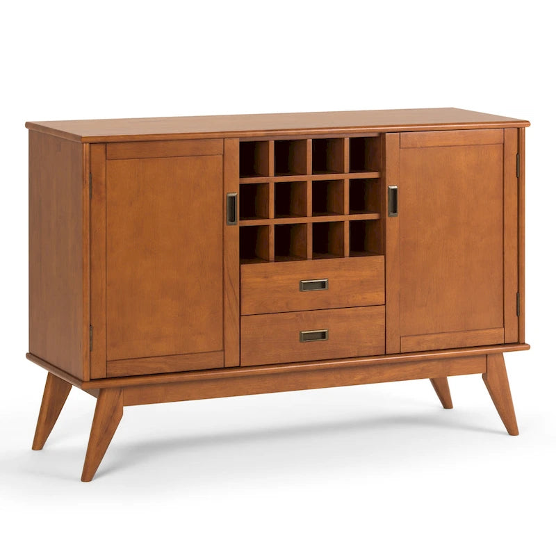 Madia/credenza moderna di metà secolo color marrone castano medio/marrone teak con portabottiglie, a 2 ante
