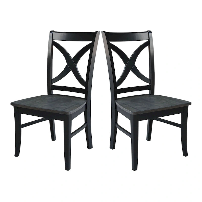 Sedia da pranzo con schienale a X Coal/Nero Lavato, legno massello, set da 2