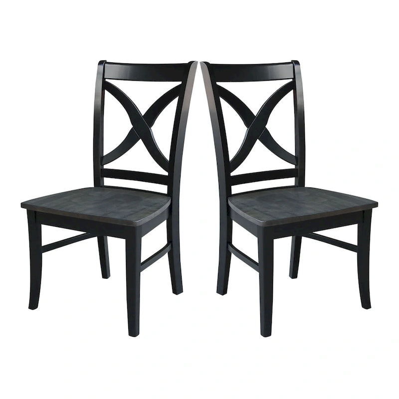 Sedia da pranzo con schienale a X Coal/Nero Lavato, legno massello, set da 2