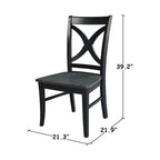 Sedia da pranzo con schienale a X Coal/Nero Lavato, legno massello, set da 2
