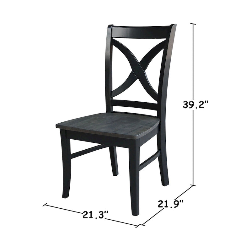 Sedia da pranzo con schienale a X Coal/Nero Lavato, legno massello, set da 2