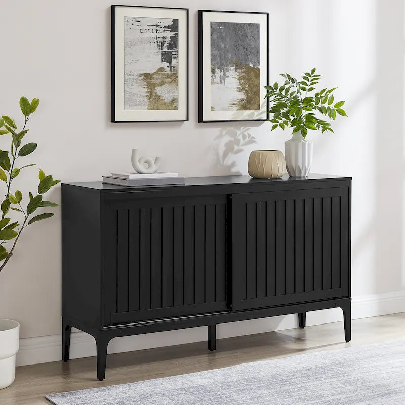 Madia Mid-Century con ante scorrevoli nero opaco e marrone scuro