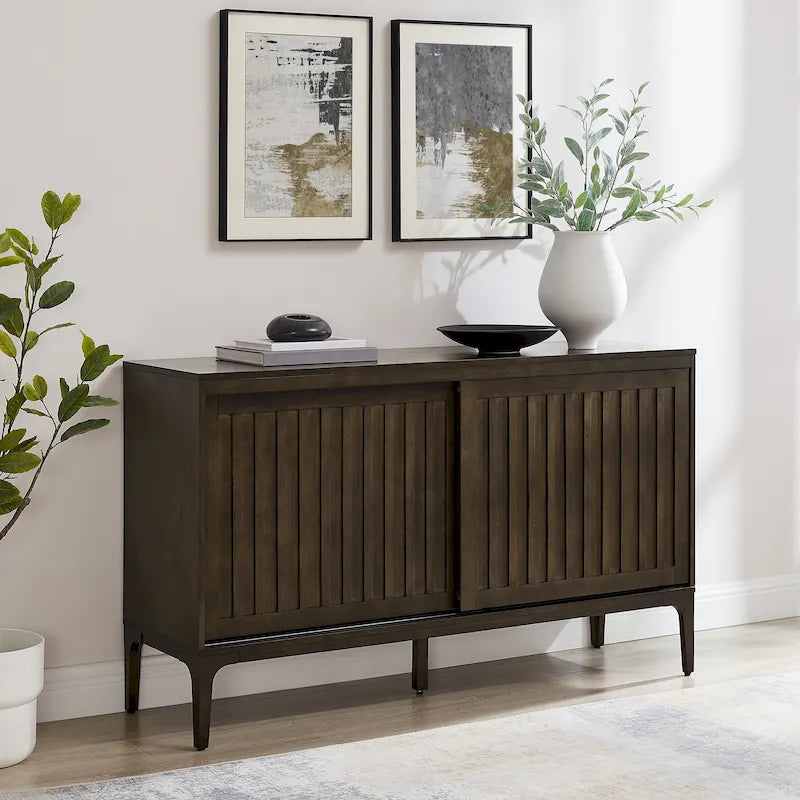 Madia Mid-Century con ante scorrevoli nero opaco e marrone scuro