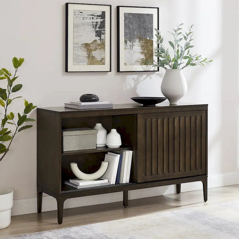 Madia Mid-Century con ante scorrevoli nero opaco e marrone scuro