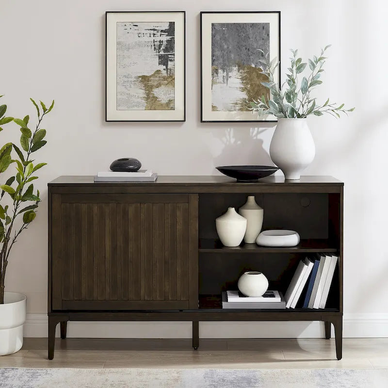 Madia Mid-Century con ante scorrevoli nero opaco e marrone scuro