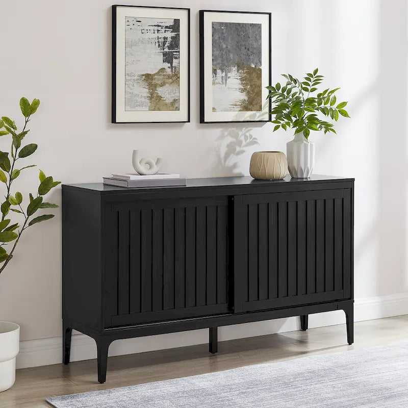 Madia Mid-Century con ante scorrevoli nero opaco e marrone scuro