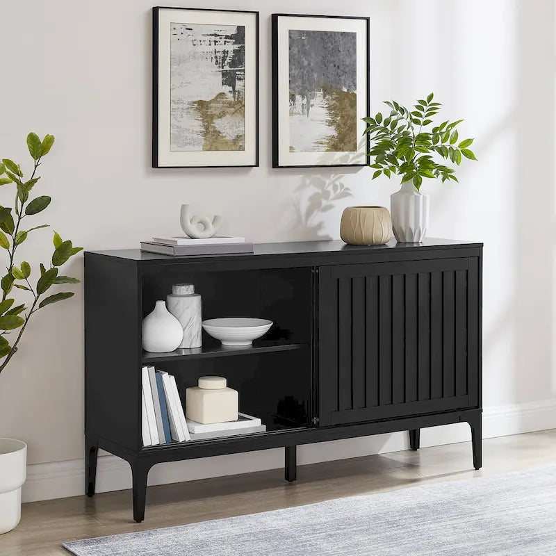 Madia Mid-Century con ante scorrevoli nero opaco e marrone scuro