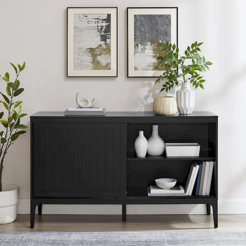 Madia Mid-Century con ante scorrevoli nero opaco e marrone scuro