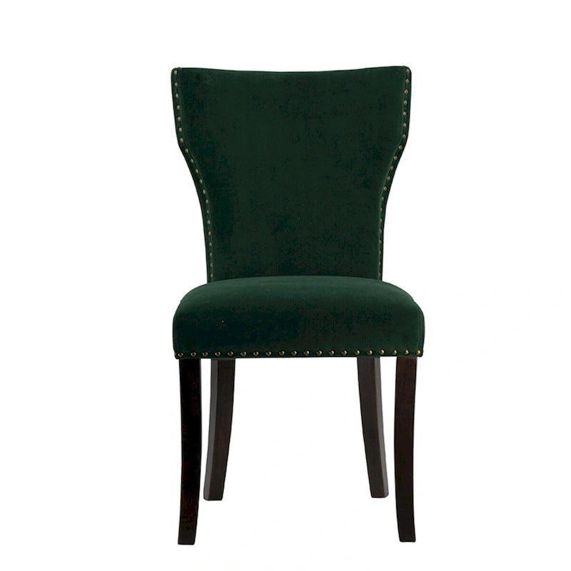 Sedie da pranzo senza braccioli in velluto verde con borchie dorate e gambe in legno, set da 2