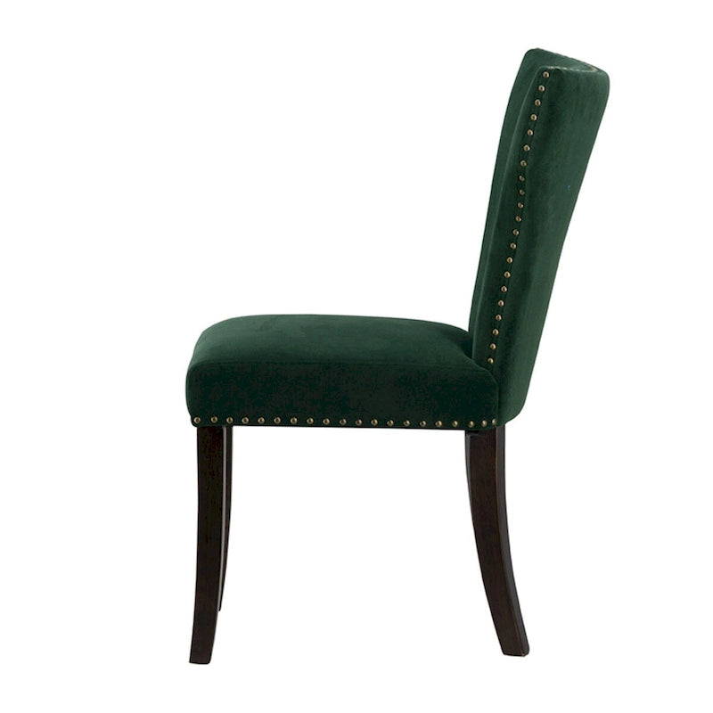 Sedie da pranzo senza braccioli in velluto verde con borchie dorate e gambe in legno, set da 2