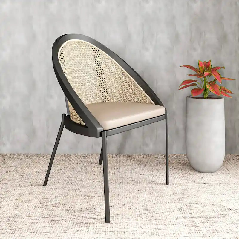Sedia da pranzo in vinile con schienale in vimini – Grigio chiaro / Verde oliva / Crema / Tortora / Antracite, 1 posto